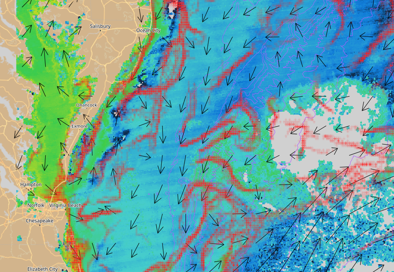 FishEdge dashboard showing Mid-Atlantic ocean conditions, thermal fronts, and vessel tracks
