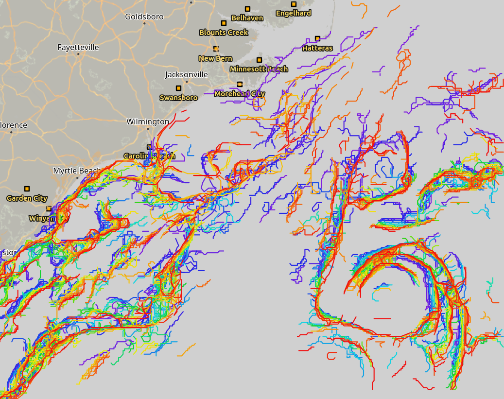 Vessel tracking and traffic patterns off the Carolina coast — fleet movement along shipping lanes and coastal corridors