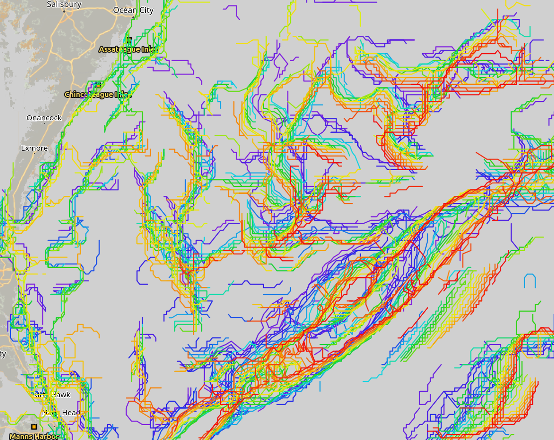 Mid-Atlantic vessel traffic and ocean conditions off the Delmarva Peninsula — the primary operating area for the Captain Pilot