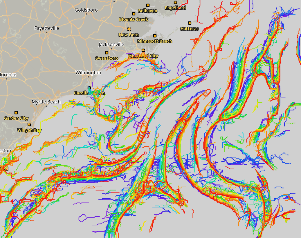 Edge network visualization off the Carolina coast — temperature breaks and chlorophyll fronts tracing the productive boundaries